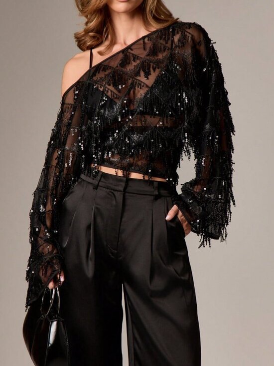 Tops - Black Party Women's Sequin Fringe One-Shoulder Sleeve Mesh Top Tassel Detail